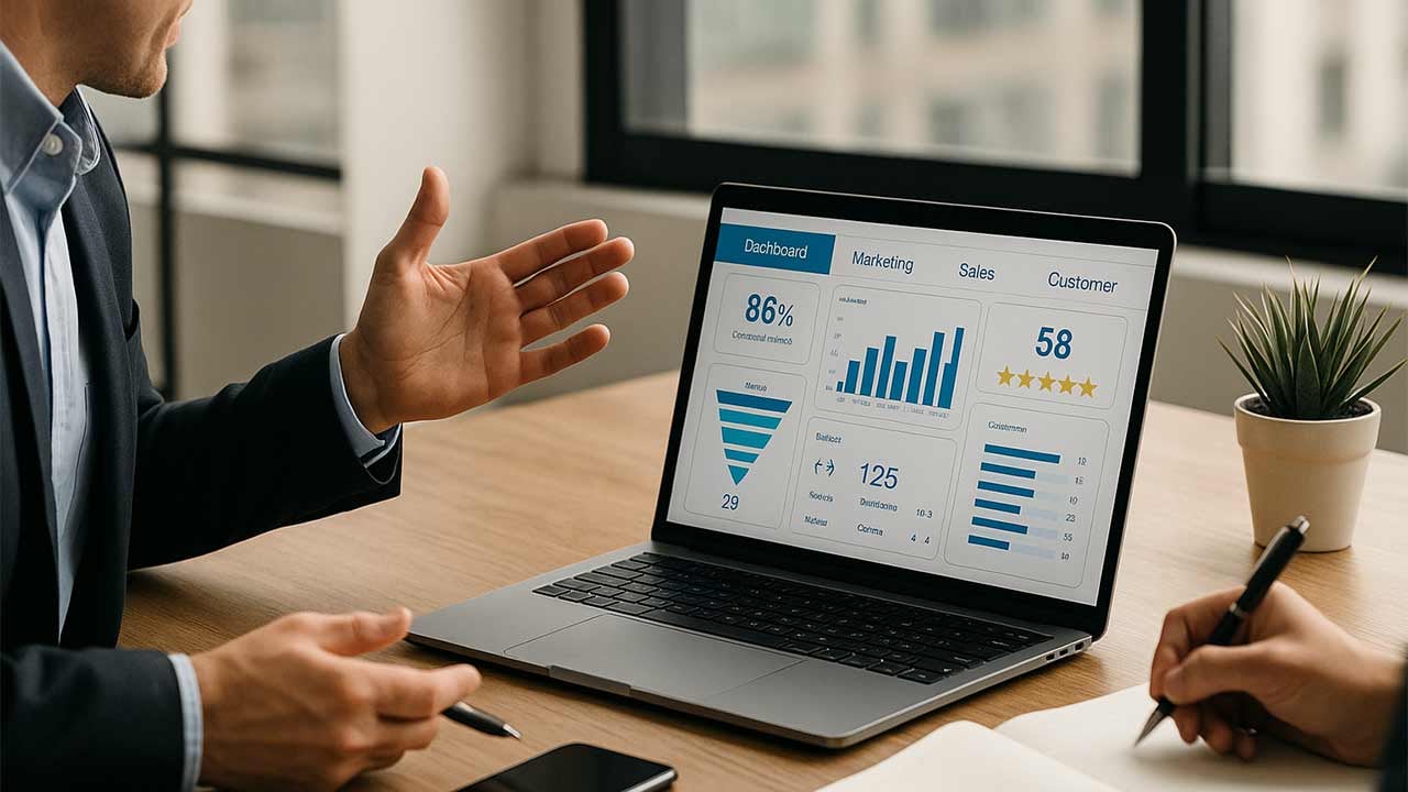 Geschäftstreffen mit CRM-Dashboard zur Automatisierung und Leadgenerierung in der Zeitarbeit